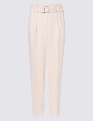 Pleated Belt Front Tapered Leg Trousers